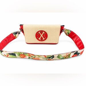 Christian Lacroix Canvas & Red Leather Crossbody Bag Floral Strap